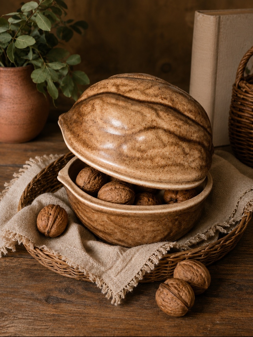 Vintage Ceramic Walnut Shaped Covered Dish / Trinket Box